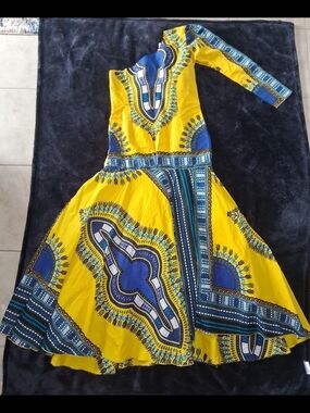 Yellow & Blue One-Shoulder Tribal Print Dress